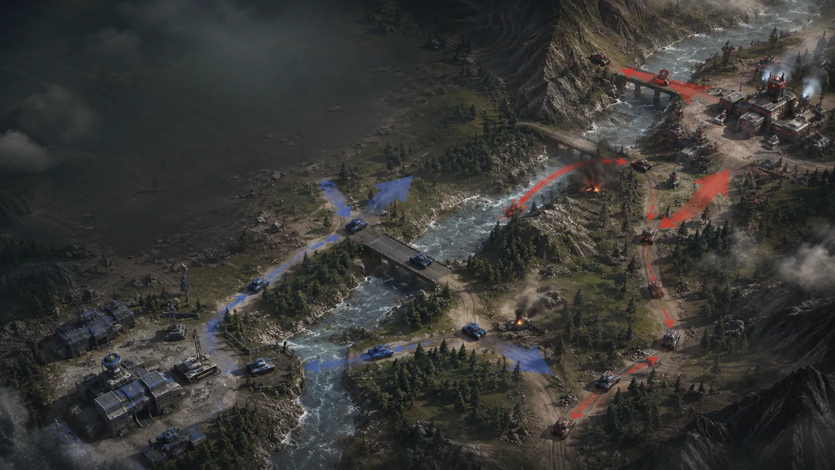 Strategic battlefield concept showing opposing armored formations and planned movement routes